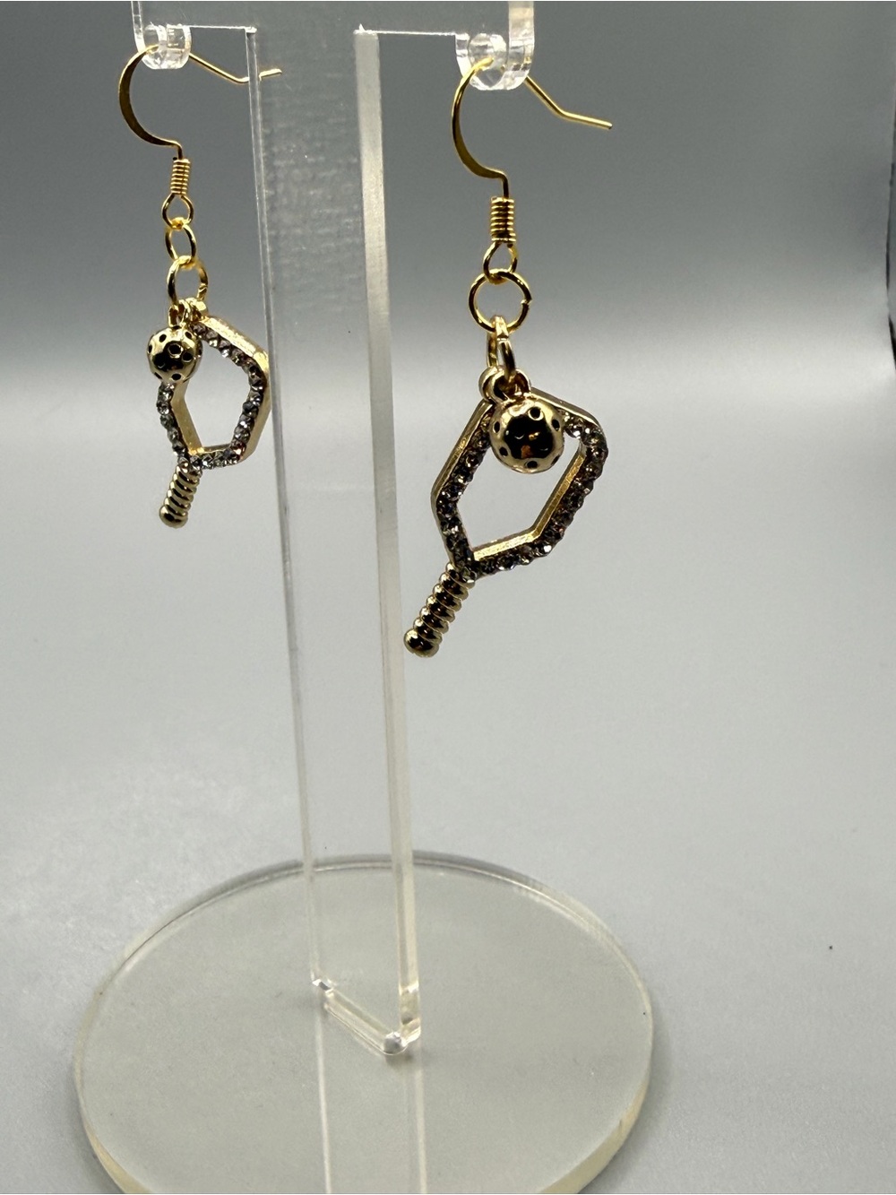 Gold Tone Pickleball Racket & Ball Dangle Earrings - Handmade #E0453C - Picture 2 of 3